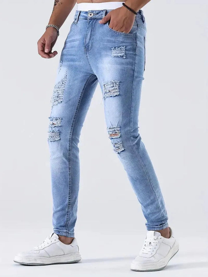 Men’s Skinny Jeans - Distressed Ripped Denim - Slim Fit Stretch - Casual Streetwear