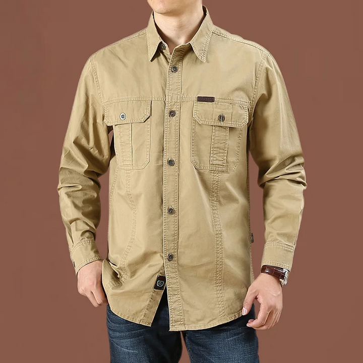 Men's casual utility shirt with chest pockets long sleeves and button closure