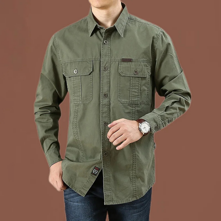 Men's casual utility shirt with chest pockets long sleeves and button closure