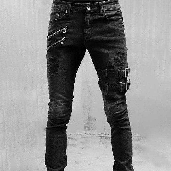 Men's buckled punk vintage denim jeans