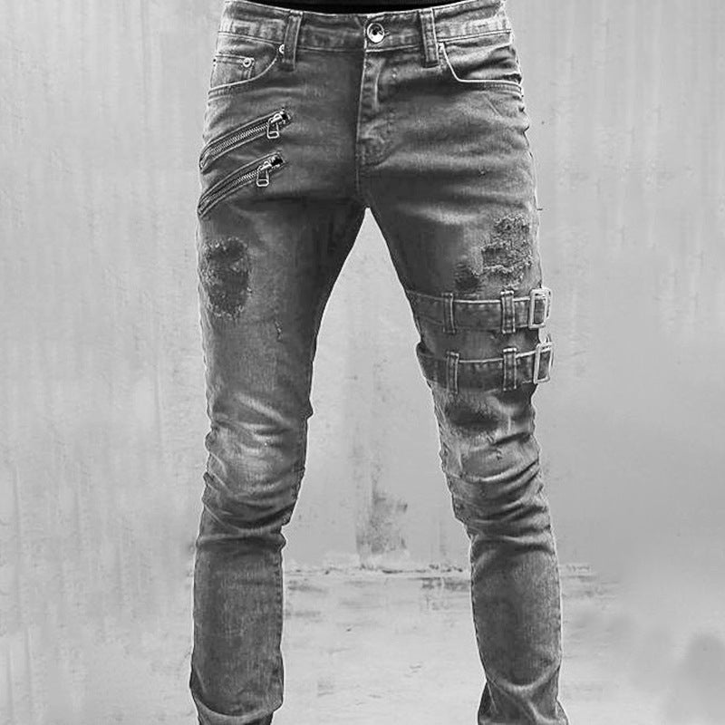 Men's buckled punk vintage denim jeans