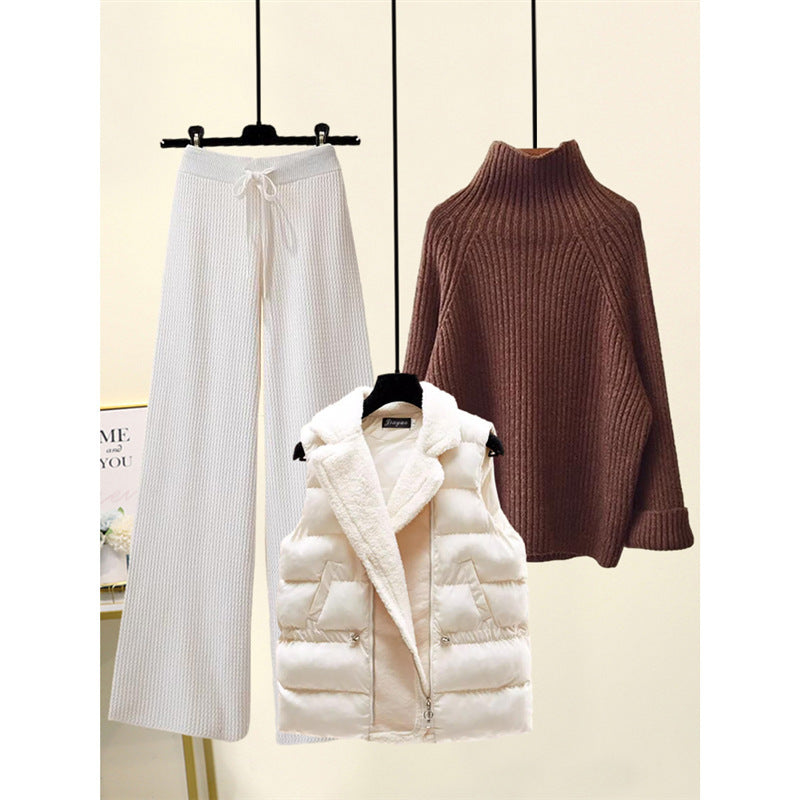 Women's cotton cardigan turtleneck high-waisted pants three-piece set