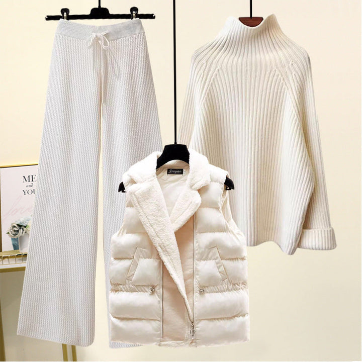 Women's cotton cardigan turtleneck high-waisted pants three-piece set