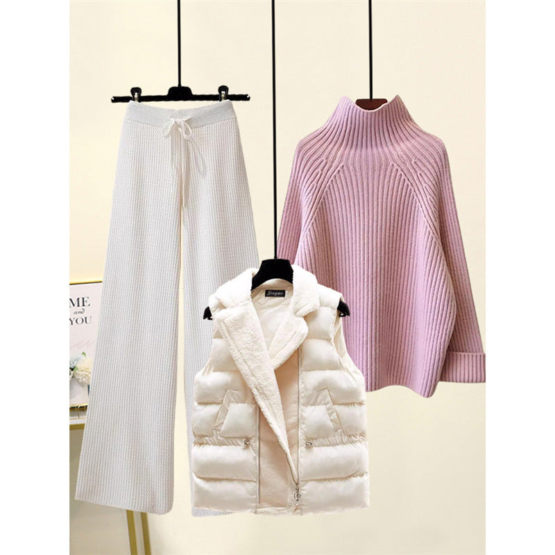 Women's cotton cardigan turtleneck high-waisted pants three-piece set