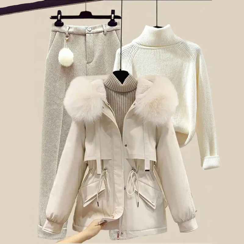 Warm women's hooded parka 3-piece set