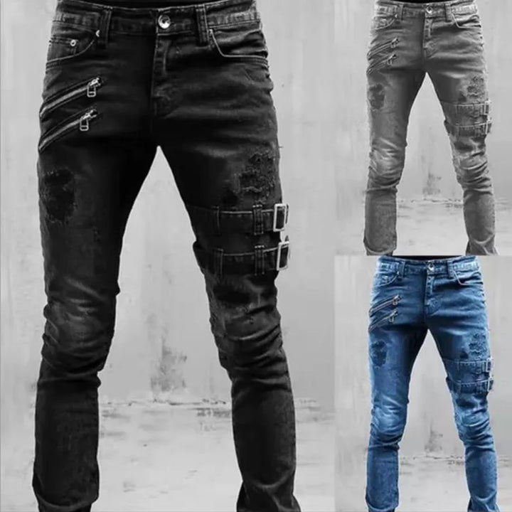 Men's biker pants buckle punk skinny ripped jeans