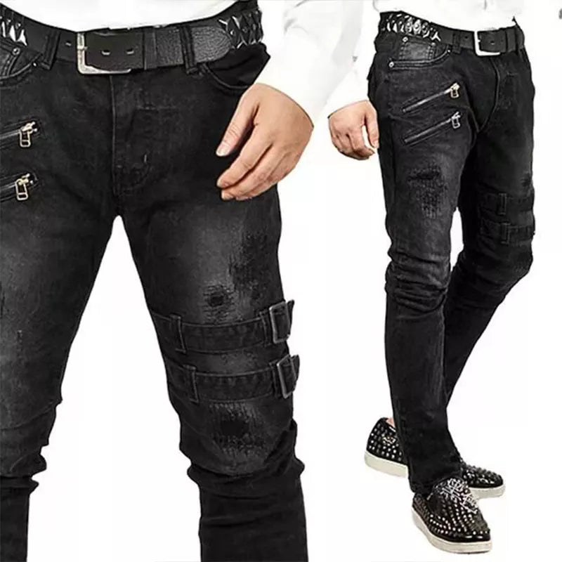 Men's biker pants buckle punk skinny ripped jeans