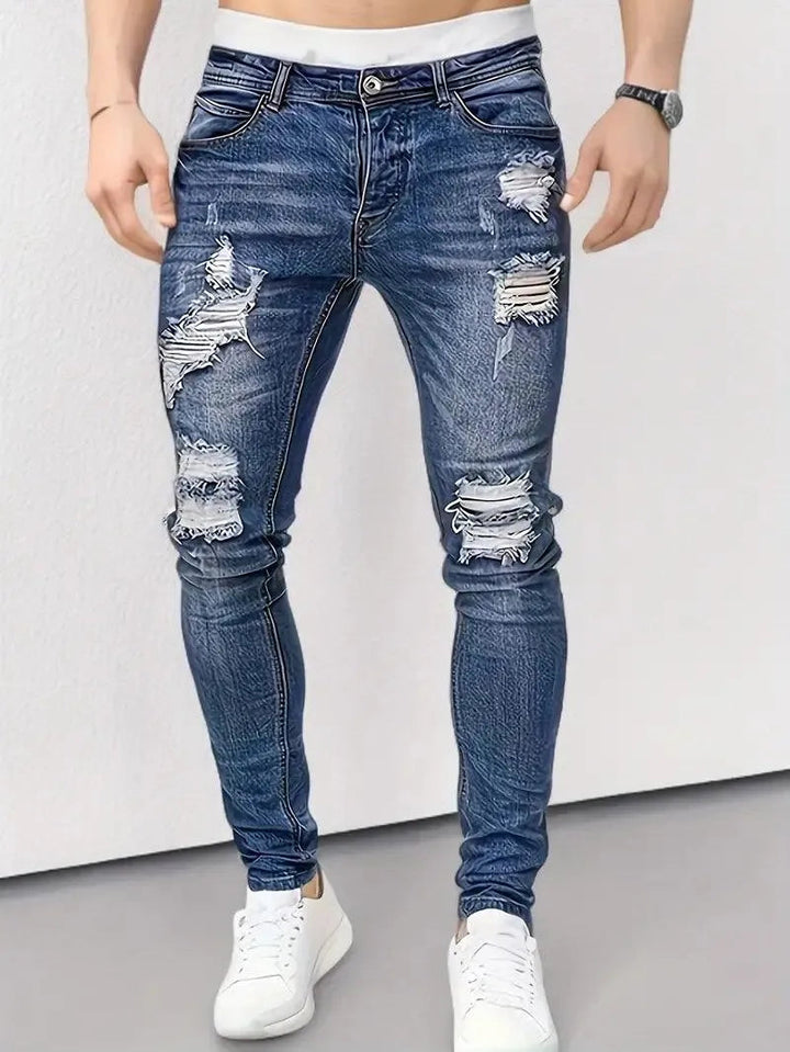 Men’s Skinny Jeans - Distressed Ripped Denim - Slim Fit Stretch - Casual Streetwear