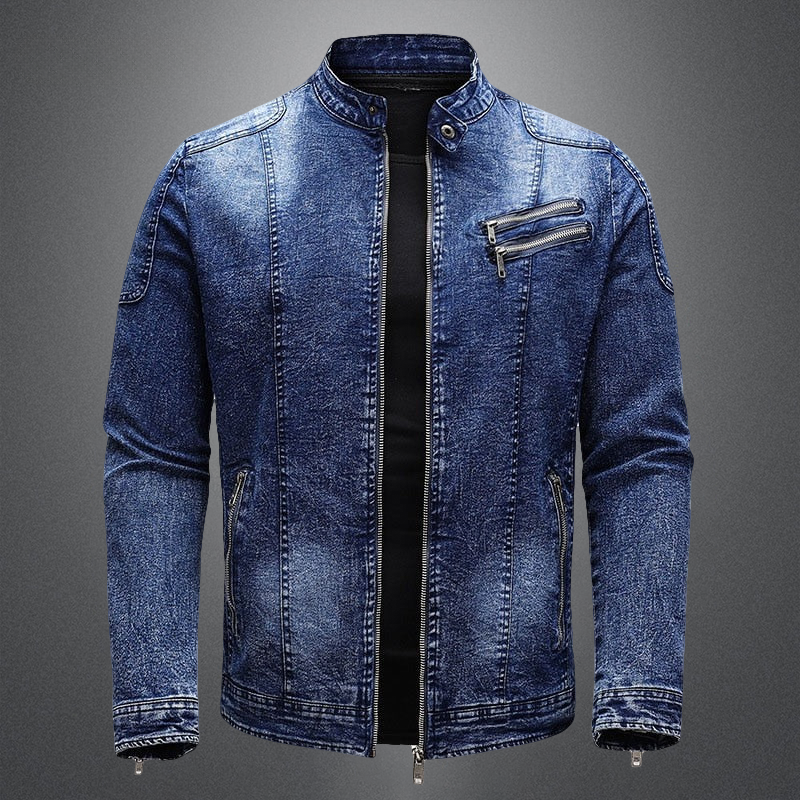 Retro standing collar zipper closure denim jacket