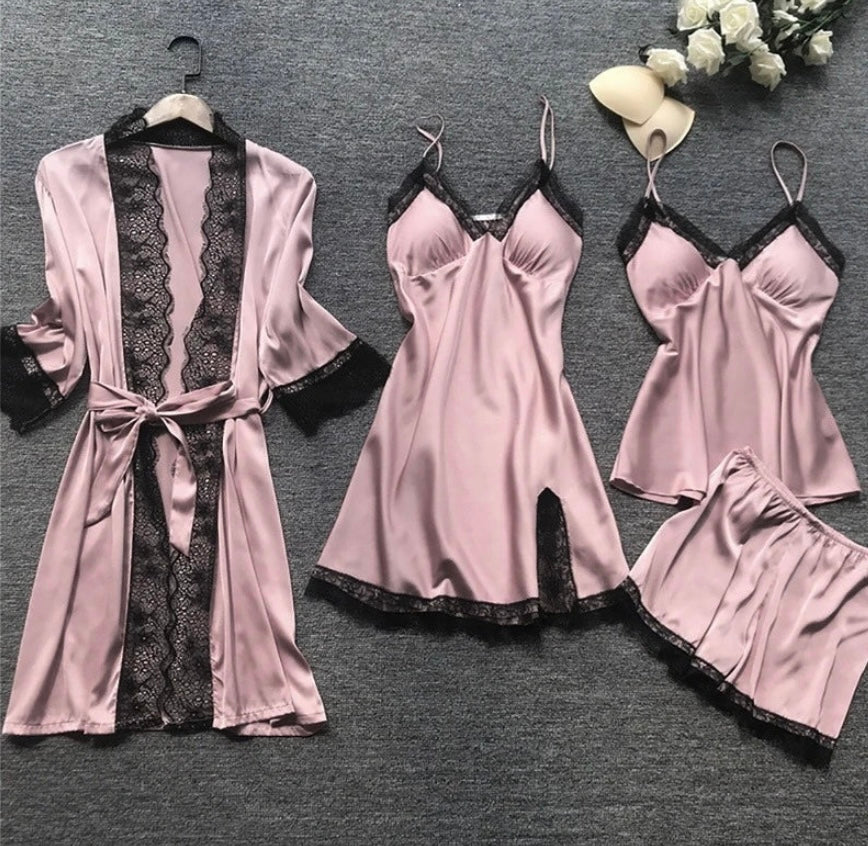 Women's sleepwear set with nightgown, shorts with straps, and long pants