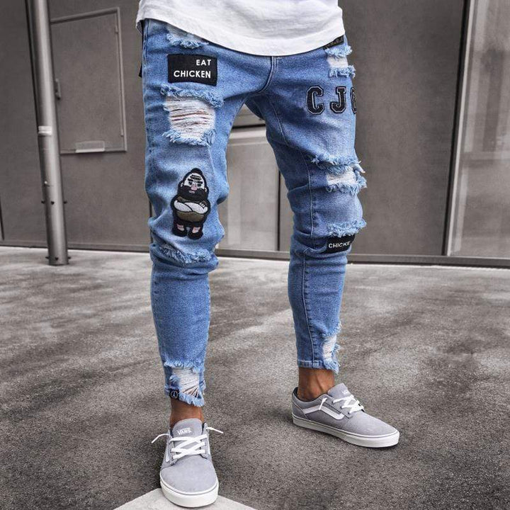 Men's washed embroidered  casual skinny denim jeans